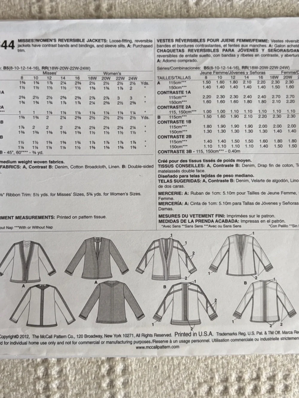 McCalls Pattern M6644 B5 for Misses’ Reversible Jacket